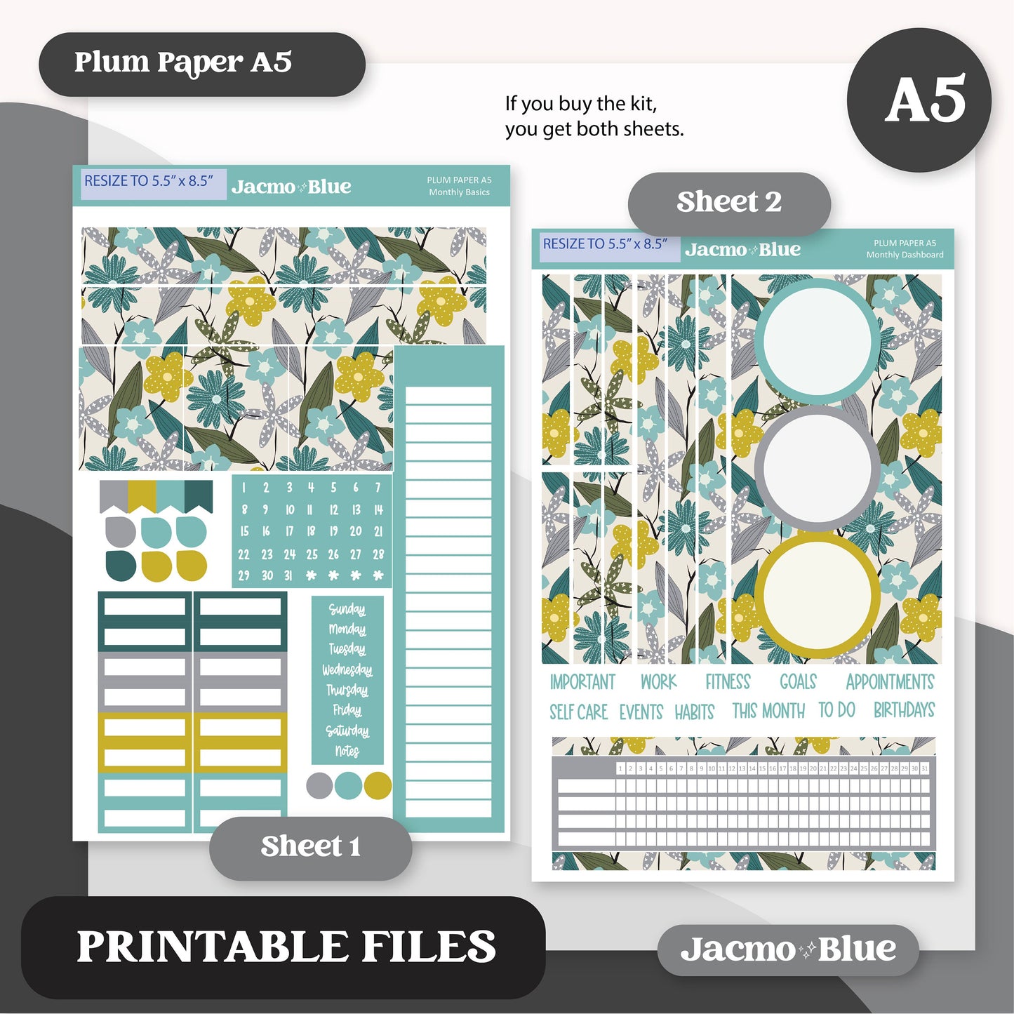 PRINTABLE Plum Paper Planner Monthly Stickers Spring 8x11 7x9 A5 Print and Cut - Kit 204 Includes Bill Due Auto Pay and Months Green Spring