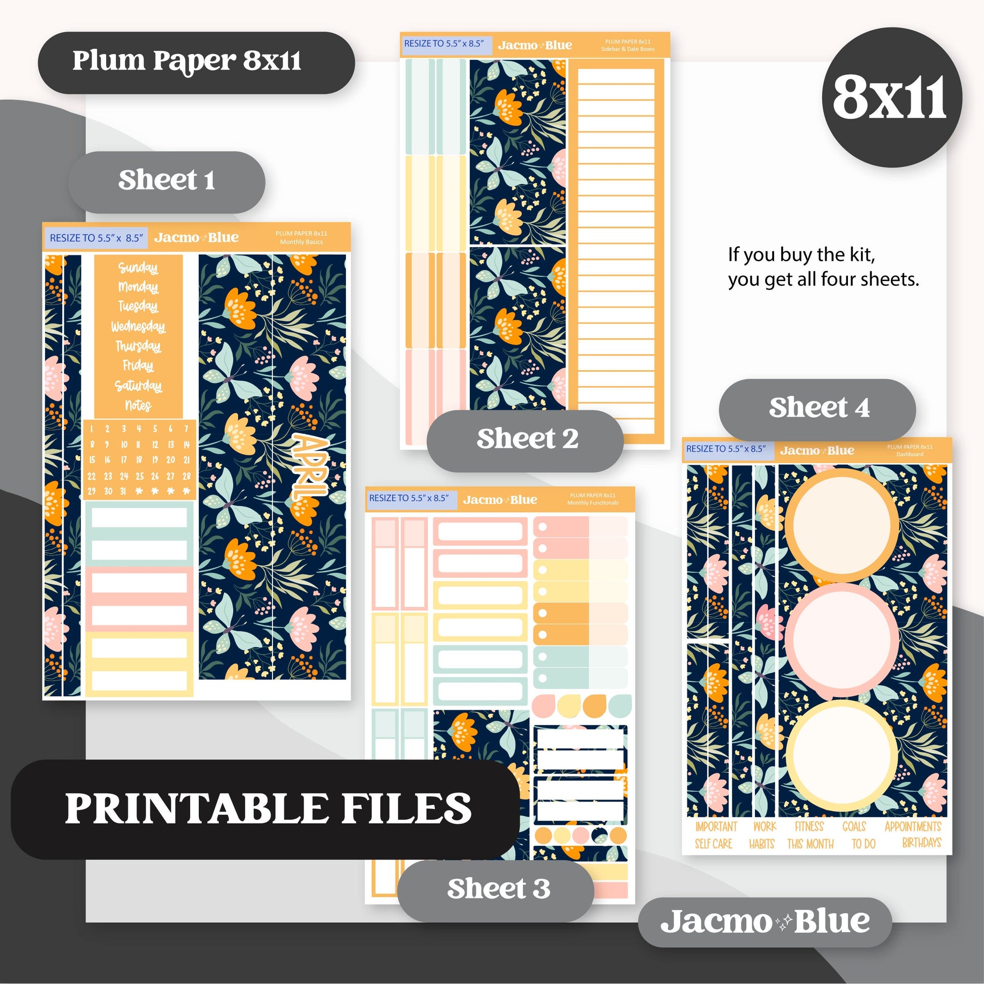 PRINTABLE Plum Paper Planner Monthly Stickers Spring 8x11 7x9 A5 Print and Cut - Kit 205 Includes Bill Due Auto Pay and Months Spring April