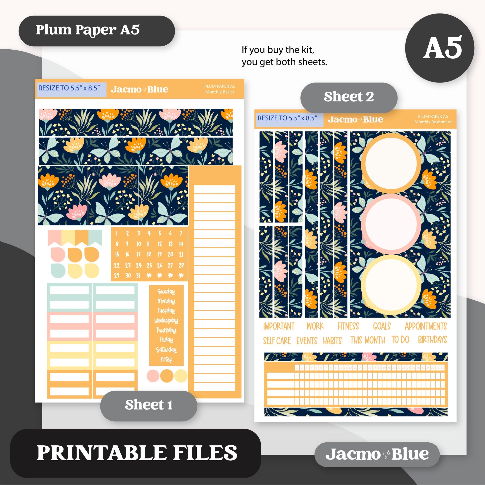 PRINTABLE Plum Paper Planner Monthly Stickers Spring 8x11 7x9 A5 Print and Cut - Kit 205 Includes Bill Due Auto Pay and Months Spring April