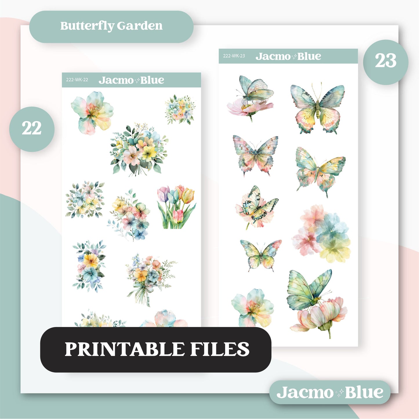 PRINTABLE Journaling Sticker Kit Bullet or Planner Stickers - Silhouette Cricut Transparent PNG Files 222 Butterfly Garden