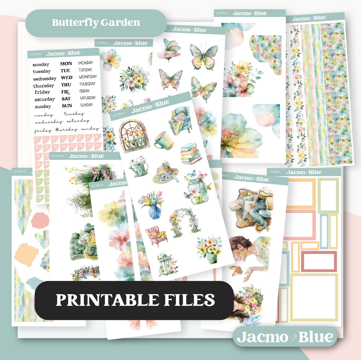 PRINTABLE Journaling Sticker Kit Bullet or Planner Stickers - Silhouette Cricut Transparent PNG Files 222 Butterfly Garden