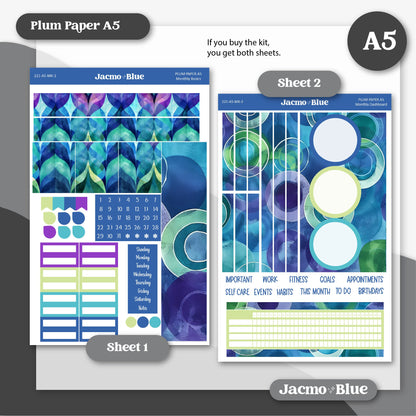 Mellow Plum Paper Monthly Sticker Kit for 8x11 7x9 A5 Planners - Kit 221 Planner Stickers Ocean Colors Blue Green Purple