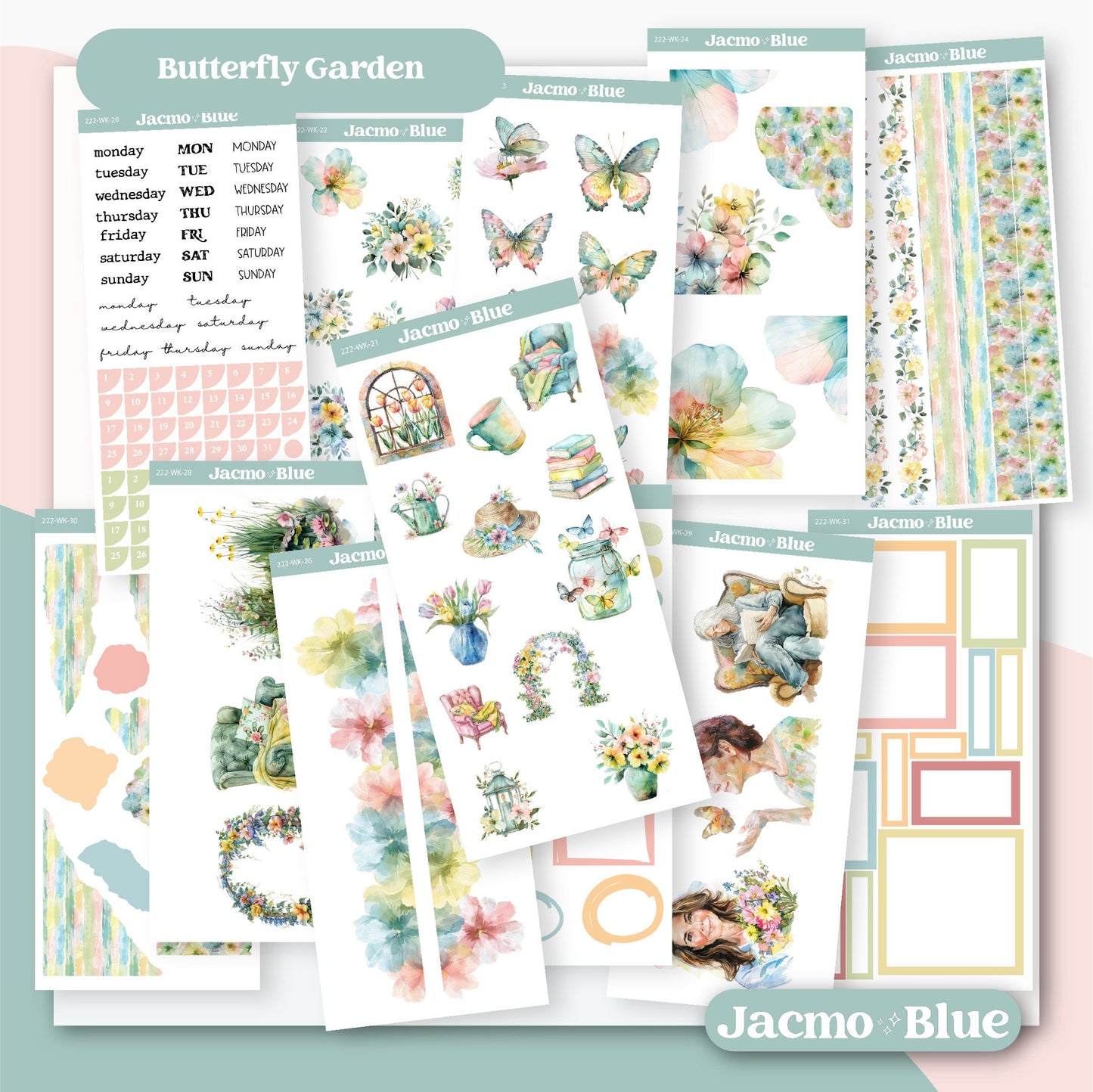 Journaling Weekly Planner Stickers Bullet Journal or Hobonichi Wonderland 222 Free Form Sticker Kit Butterfly Garden Kit 222