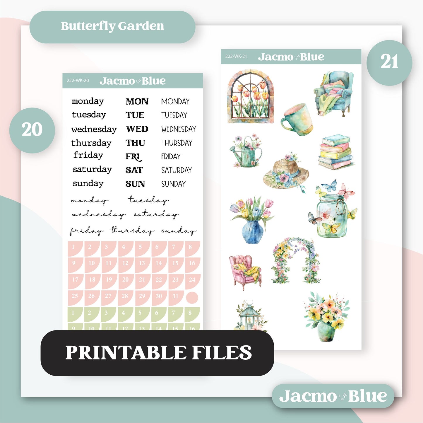 PRINTABLE Journaling Sticker Kit Bullet or Planner Stickers - Silhouette Cricut Transparent PNG Files 222 Butterfly Garden