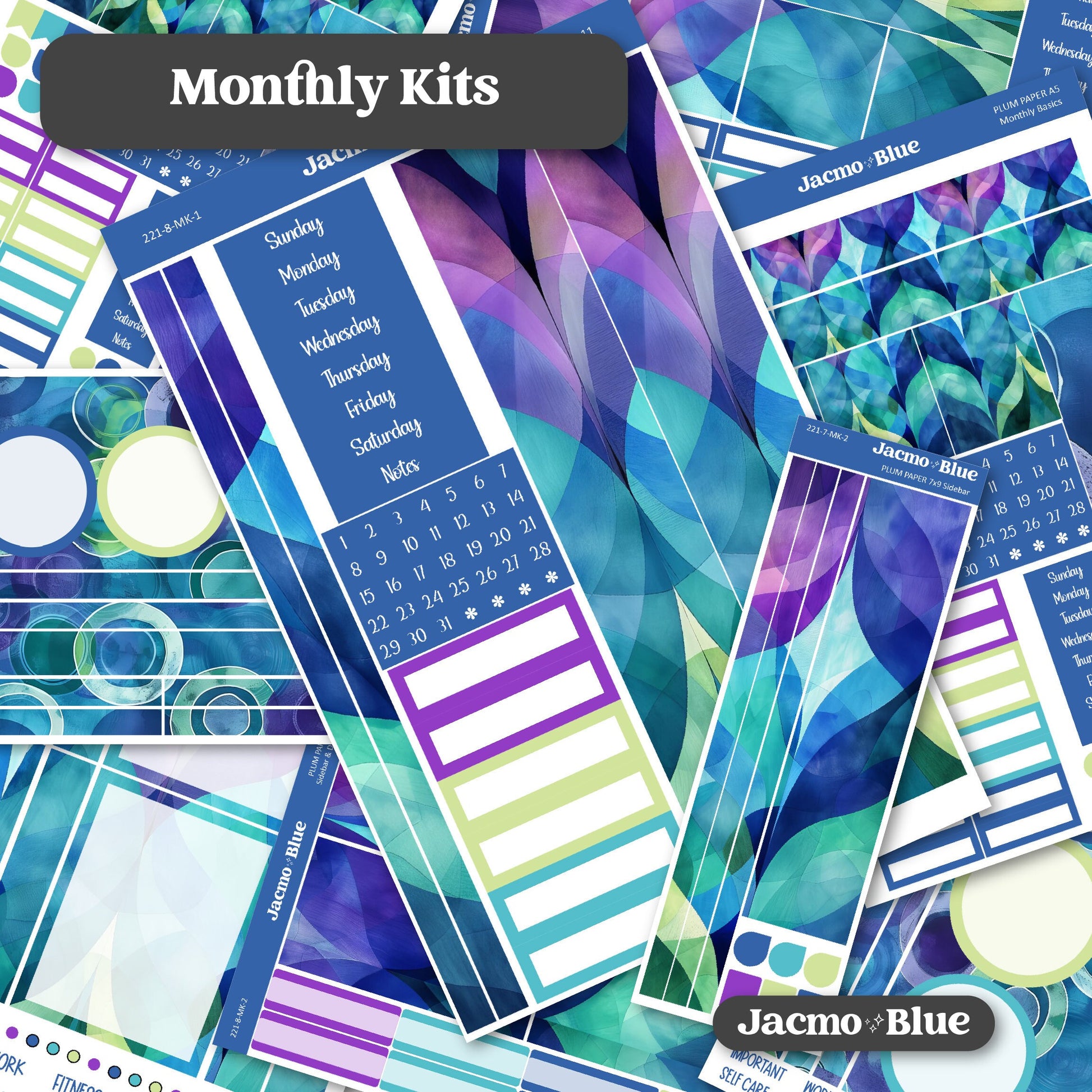 Mellow Plum Paper Monthly Sticker Kit for 8x11 7x9 A5 Planners - Kit 221 Planner Stickers Ocean Colors Blue Green Purple