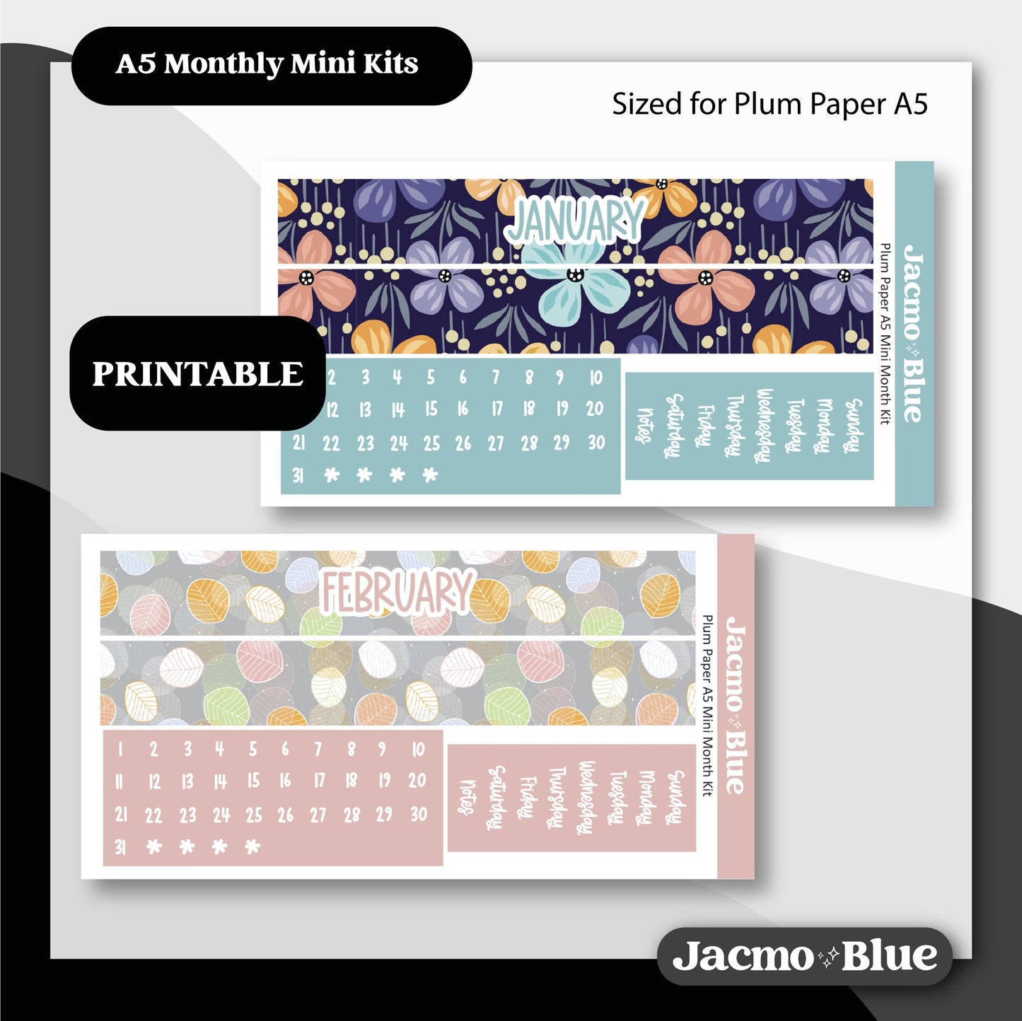 Printable A5 Kits Plum Paper Sticker Mini Monthly Kit 202 - All 12 Months Bundle Cricut Silhouette Studio Transparent PNG