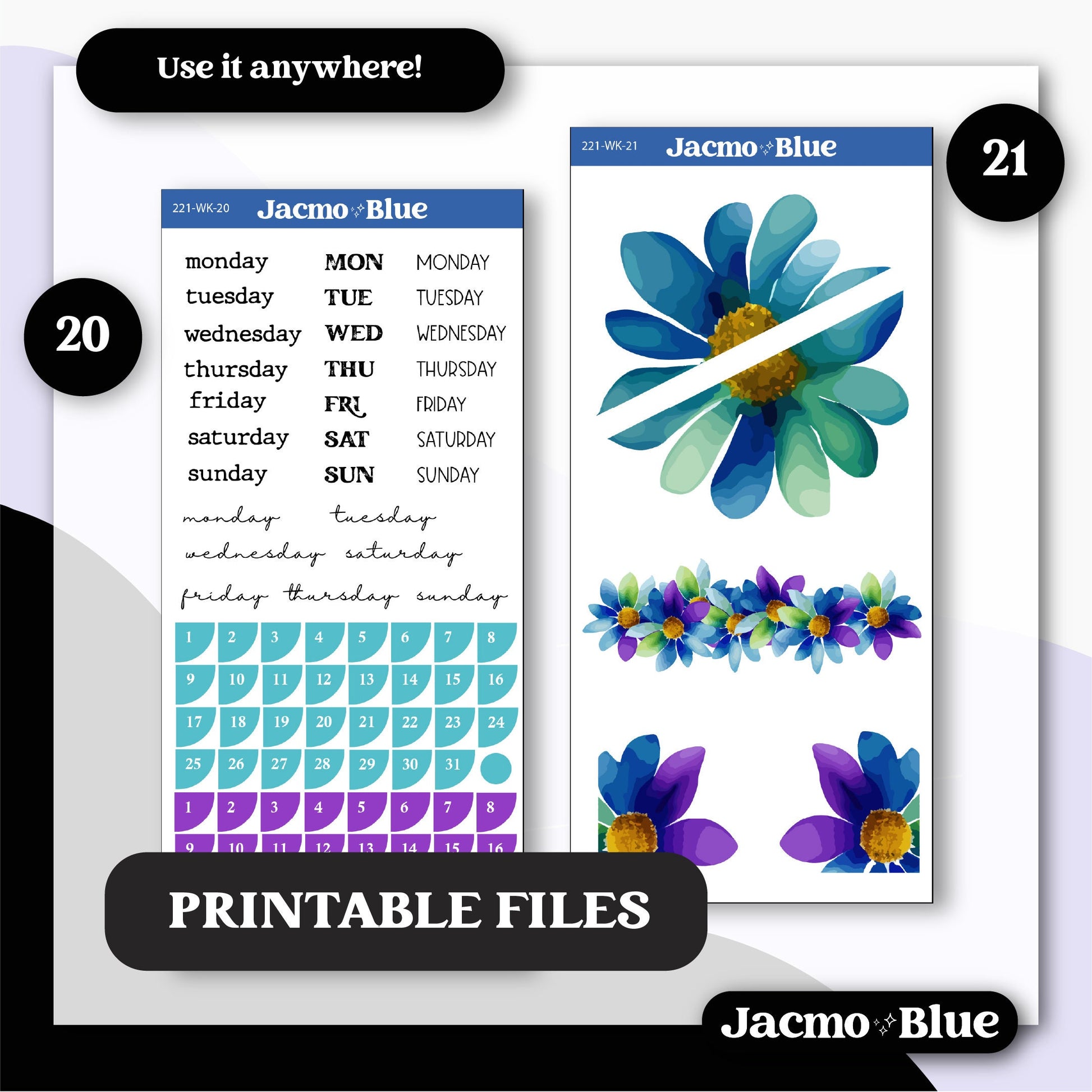 PRINTABLE Journaling Sticker Kit Bullet or Planner Stickers - Silhouette Cricut Transparent PNG Files 221 Mellow Purple Blue