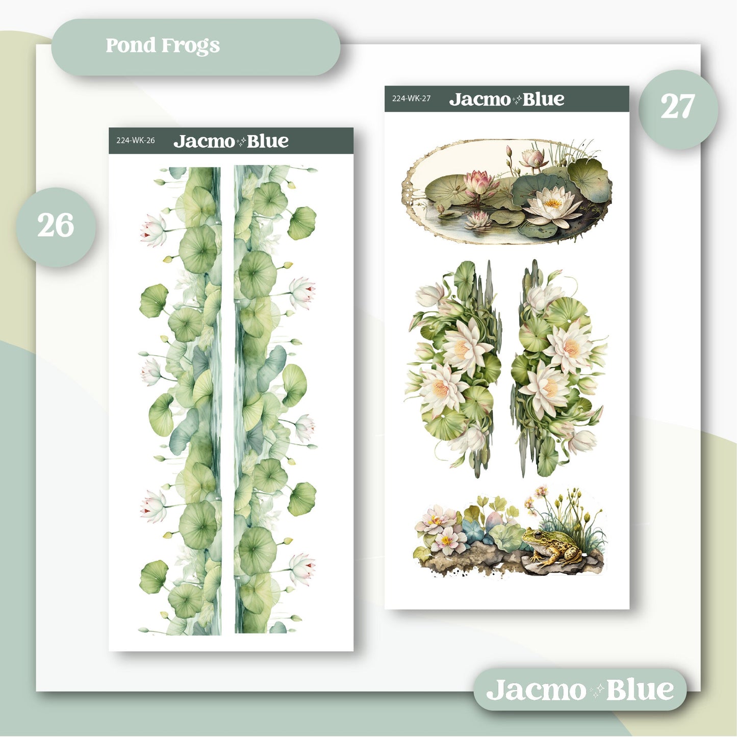 Journaling Weekly Planner Stickers Bullet Journal or Hobonichi Wonderland 222 Free Form Sticker Kit Pond Frogs 224