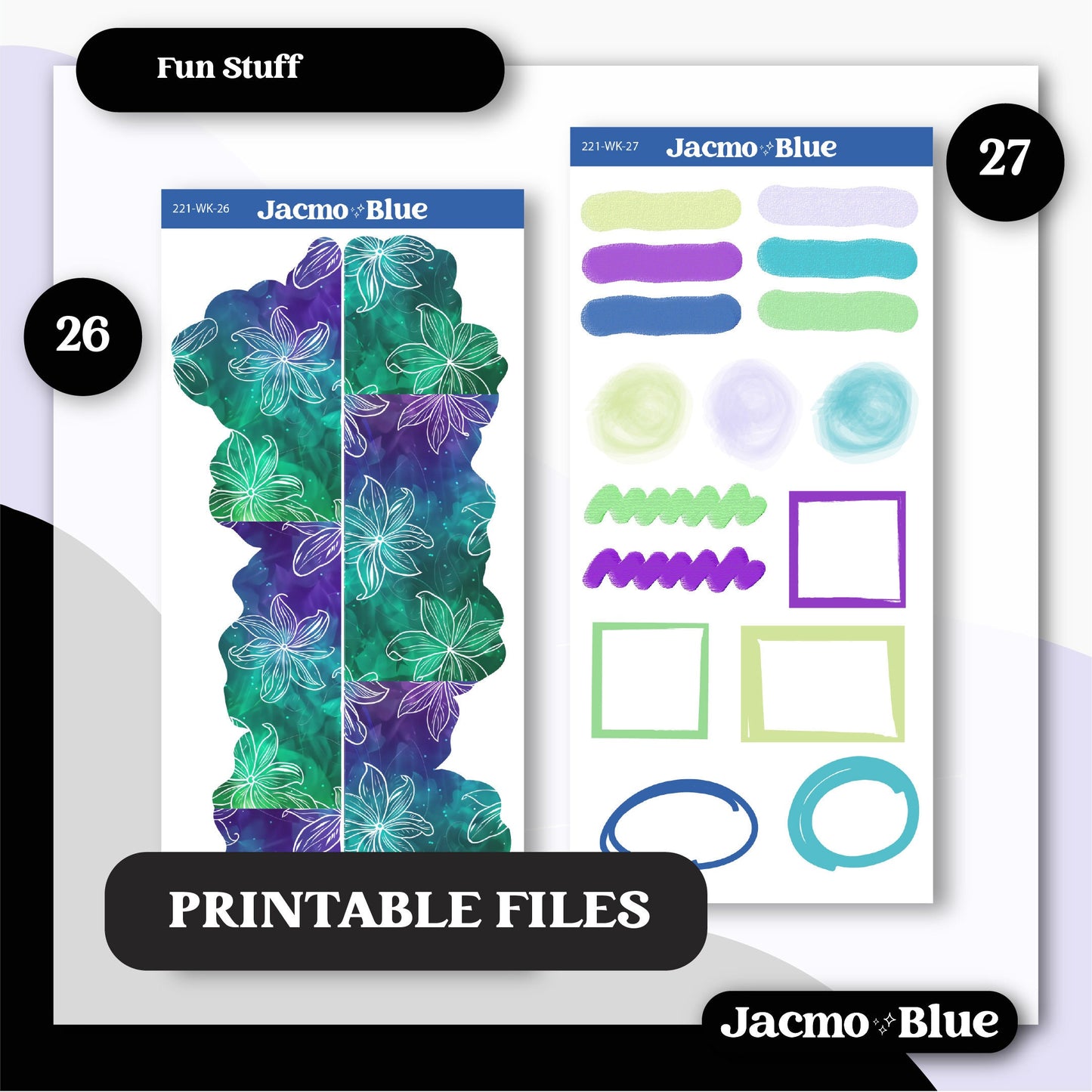 PRINTABLE Journaling Sticker Kit Bullet or Planner Stickers - Silhouette Cricut Transparent PNG Files 221 Mellow Purple Blue