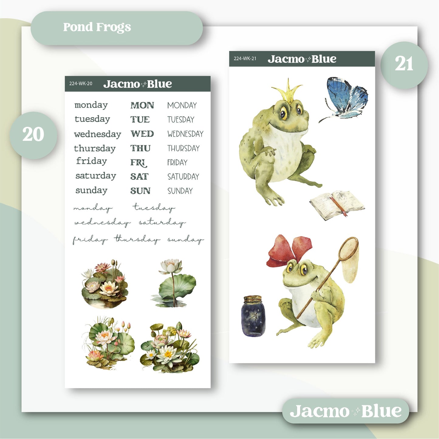 Journaling Weekly Planner Stickers Bullet Journal or Hobonichi Wonderland 222 Free Form Sticker Kit Pond Frogs 224