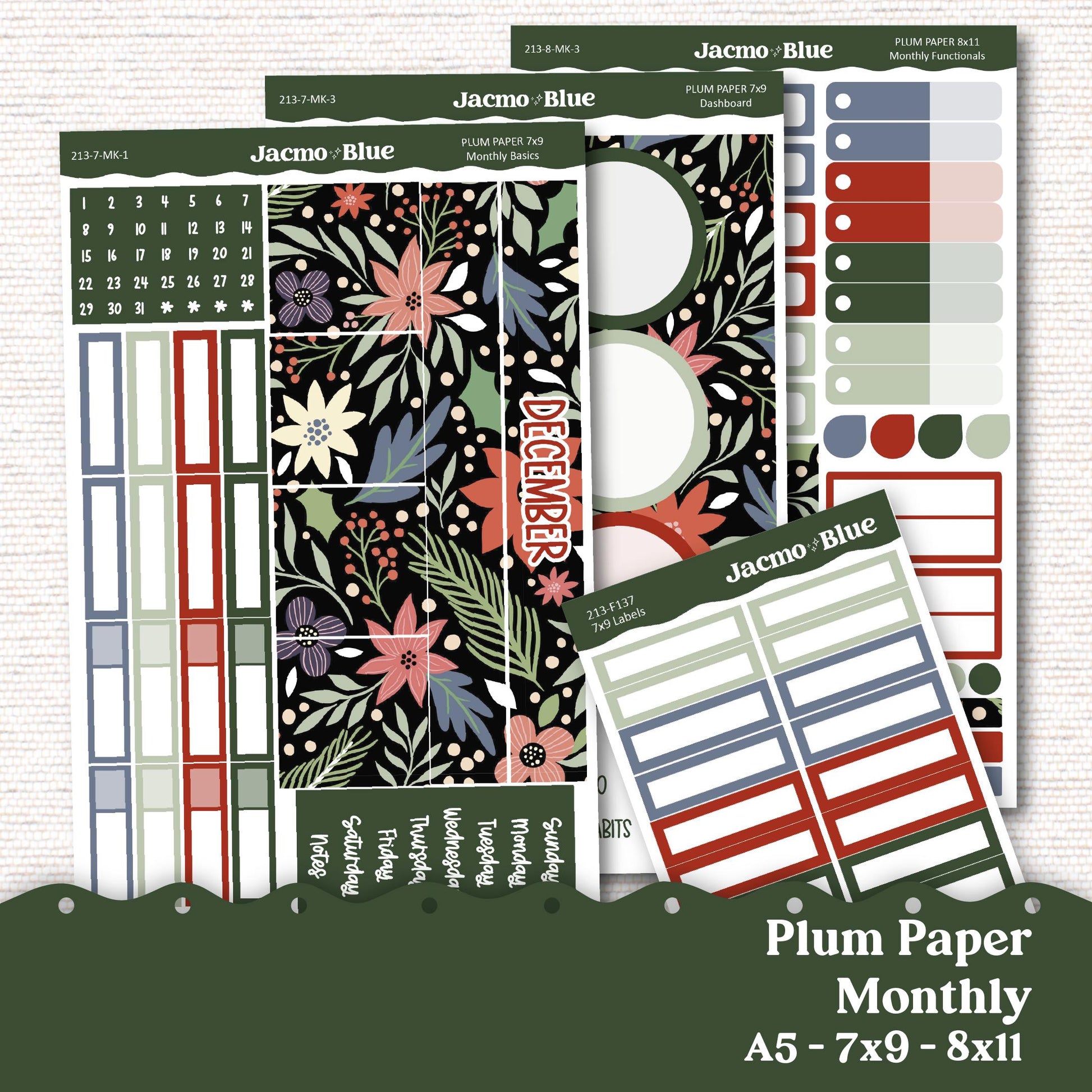 December Plum Paper Monthly Sticker Kit for 8x11 7x9 A5 Planners - Kit 213 Planner Stickers