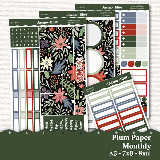 December Plum Paper Monthly Sticker Kit for 8x11 7x9 A5 Planners - Kit 213 Planner Stickers