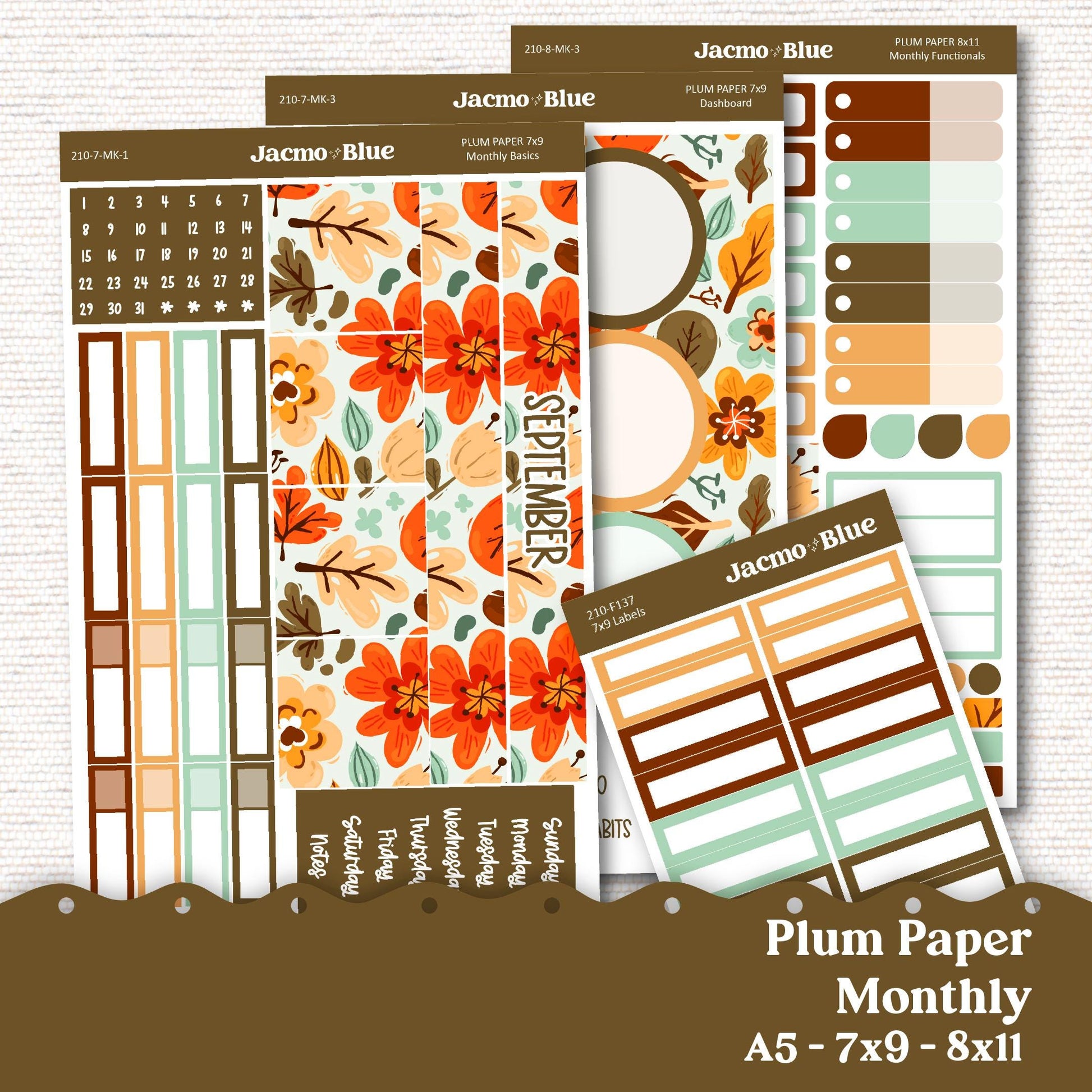 September Plum Paper Monthly Sticker Kit for 8x11 7x9 A5 Planners - Kit 219 Planner Stickers