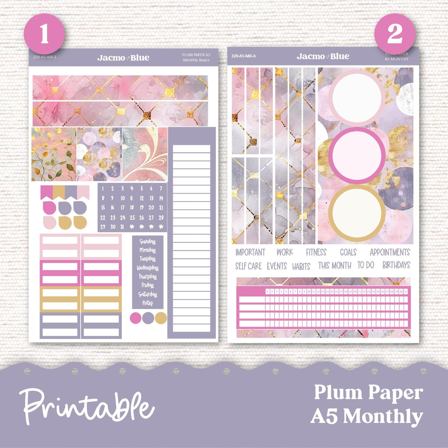 PRINTABLE Plum Paper Planner Monthly Stickers Spring 8x11 7x9 A5 Print and Cut - Kit 220 Pink Wishes Includes Bill Due Auto Pay and Months