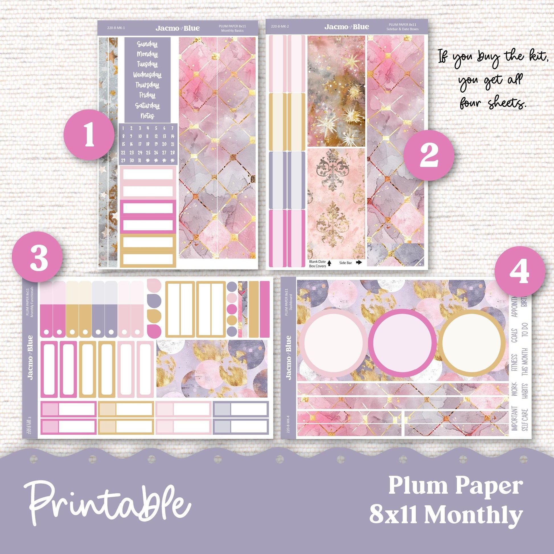 PRINTABLE Plum Paper Planner Monthly Stickers Spring 8x11 7x9 A5 Print and Cut - Kit 220 Pink Wishes Includes Bill Due Auto Pay and Months