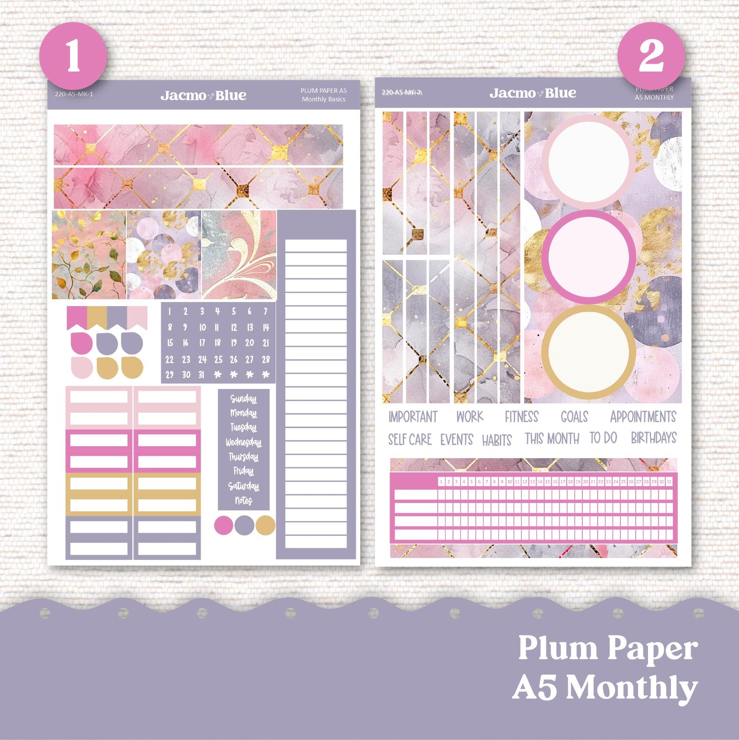 Pink Wishes Plum Paper Monthly Sticker Kit for 8x11 7x9 A5 Planners - Kit 220 Planner Stickers Pink Gray Gold