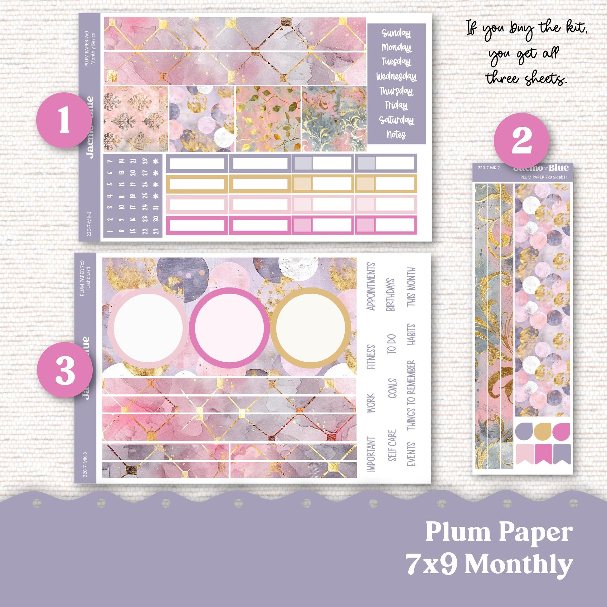 Pink Wishes Plum Paper Monthly Sticker Kit for 8x11 7x9 A5 Planners - Kit 220 Planner Stickers Pink Gray Gold