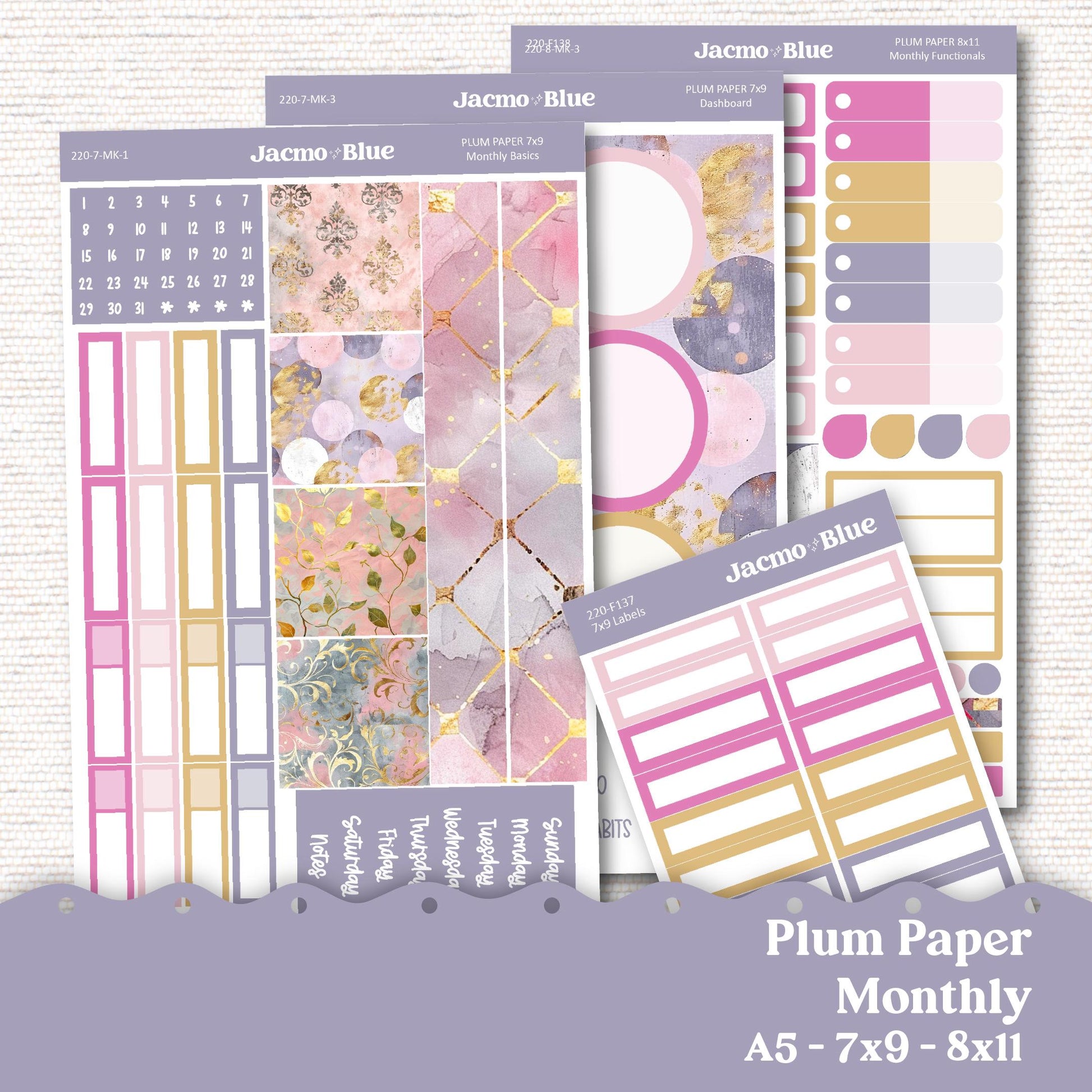 Pink Wishes Plum Paper Monthly Sticker Kit for 8x11 7x9 A5 Planners - Kit 220 Planner Stickers Pink Gray Gold