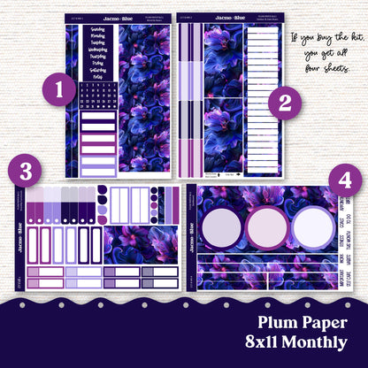 Moody Plum Paper Monthly Sticker Kit for 8x11 7x9 A5 Planners - Kit 217 Planner Stickers Deep Purple Violet Pink