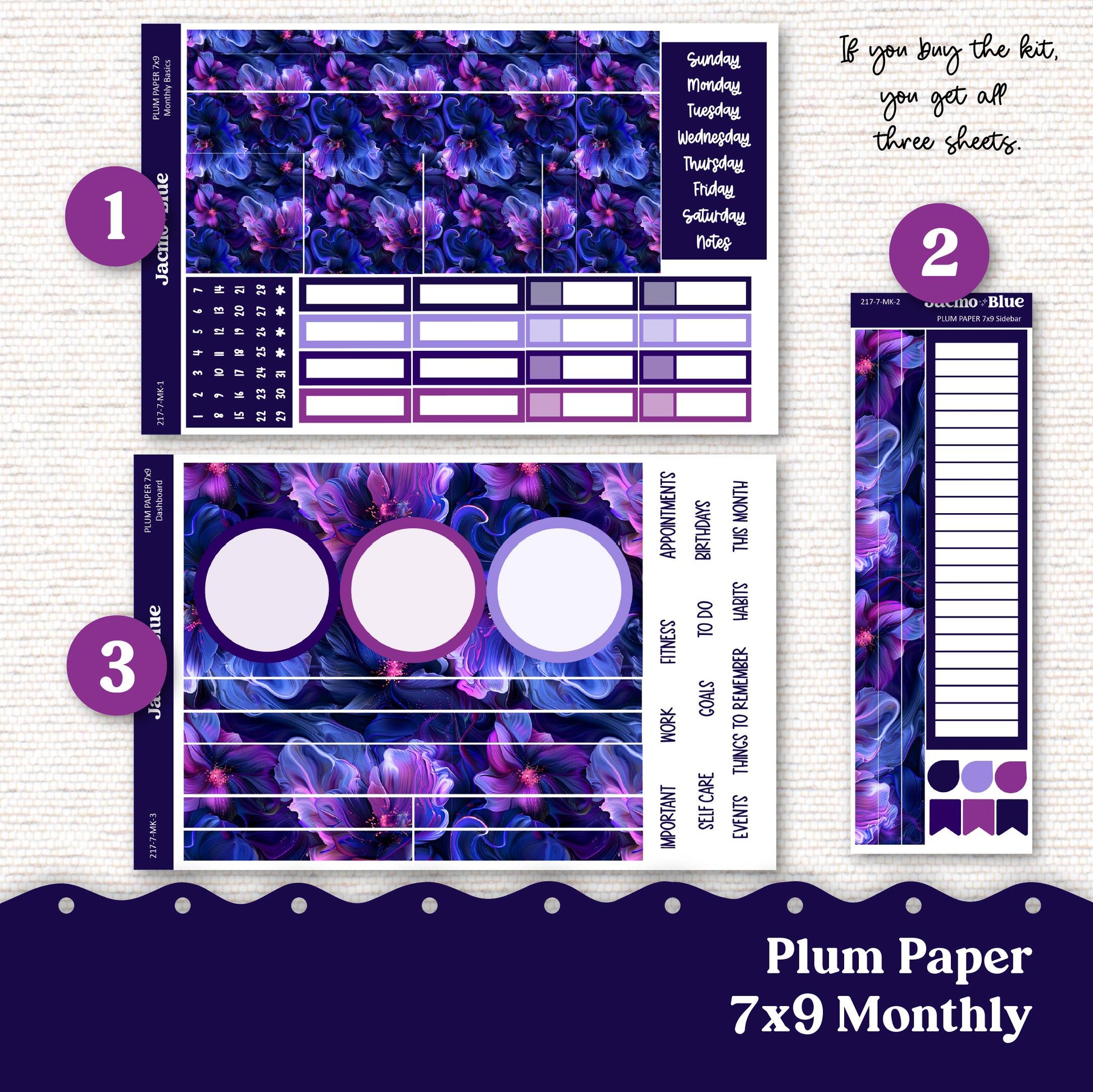 Moody Plum Paper Monthly Sticker Kit for 8x11 7x9 A5 Planners - Kit 217 Planner Stickers Deep Purple Violet Pink