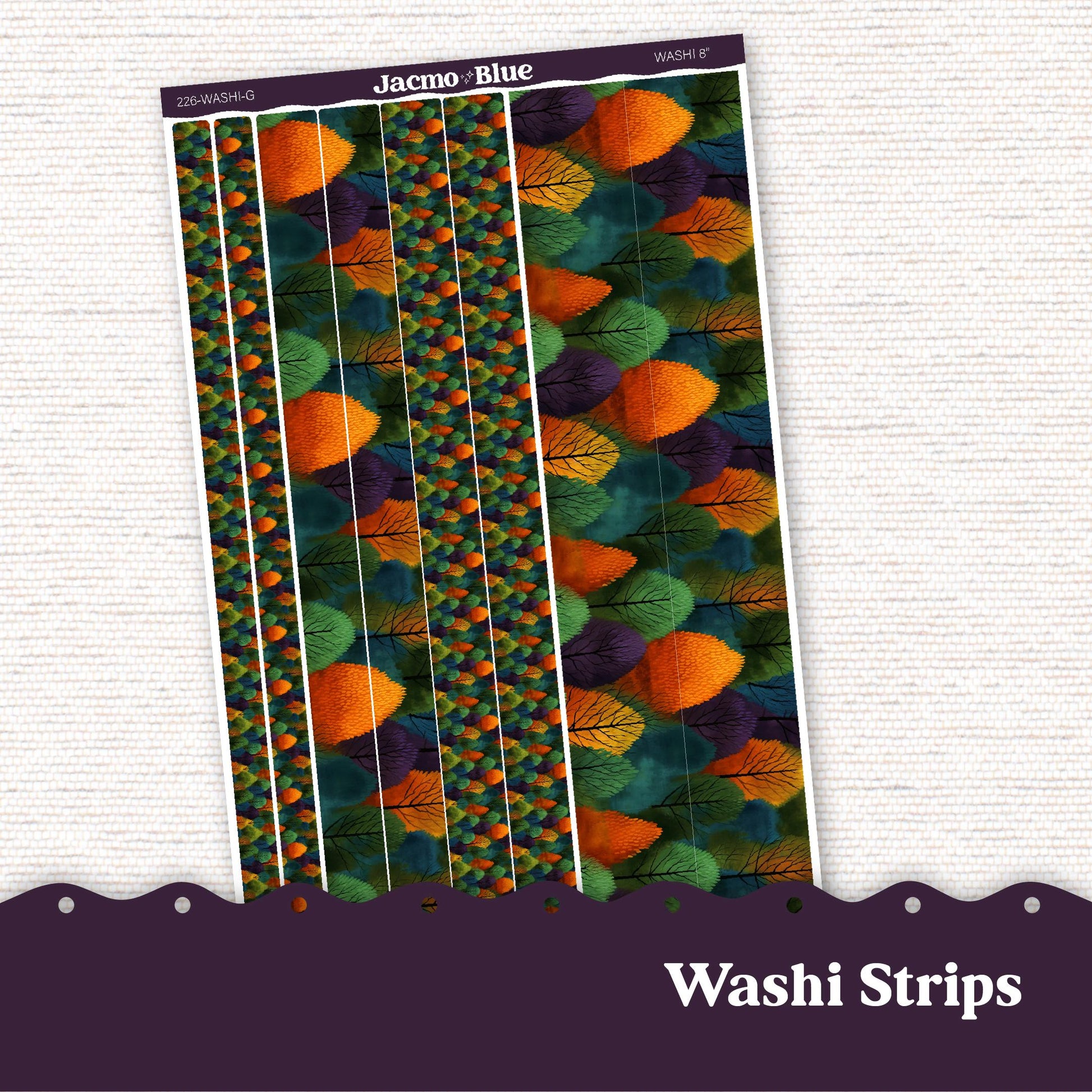 Washi Strips Stickers - 8 Inches Long - Kit 226 Fall Autumn Colorful Trees September October November - Transparent or Matte Stickers