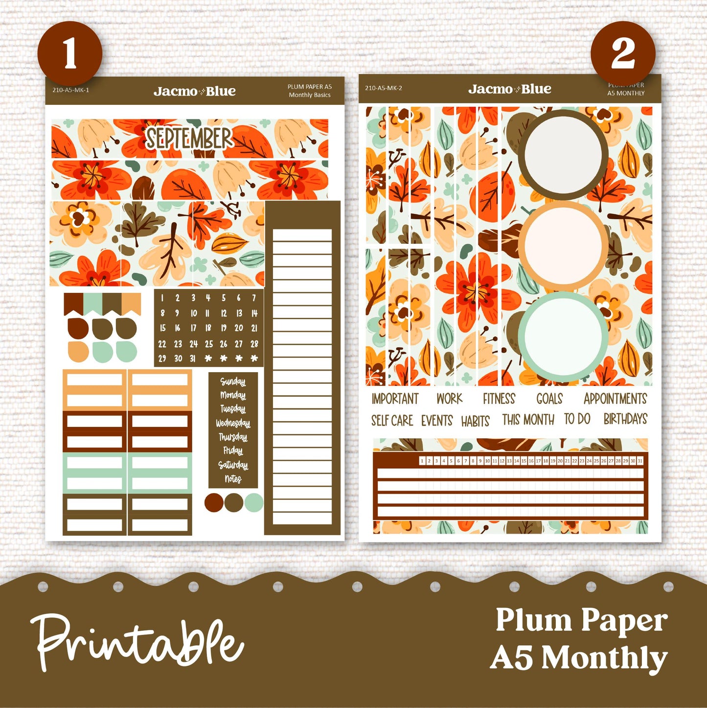 PRINTABLE September Plum Paper Planner Monthly Stickers 8x11 7x9 A5 Print and Cut - 210P