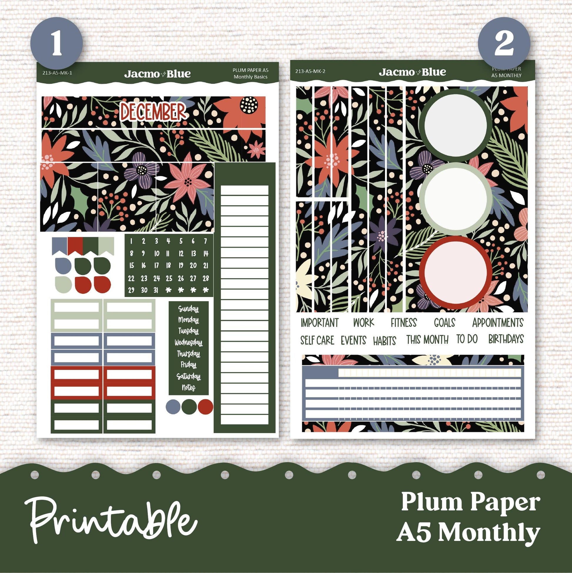 PRINTABLE December Plum Paper Planner Monthly Stickers 8x11 7x9 A5 Print and Cut - 213P