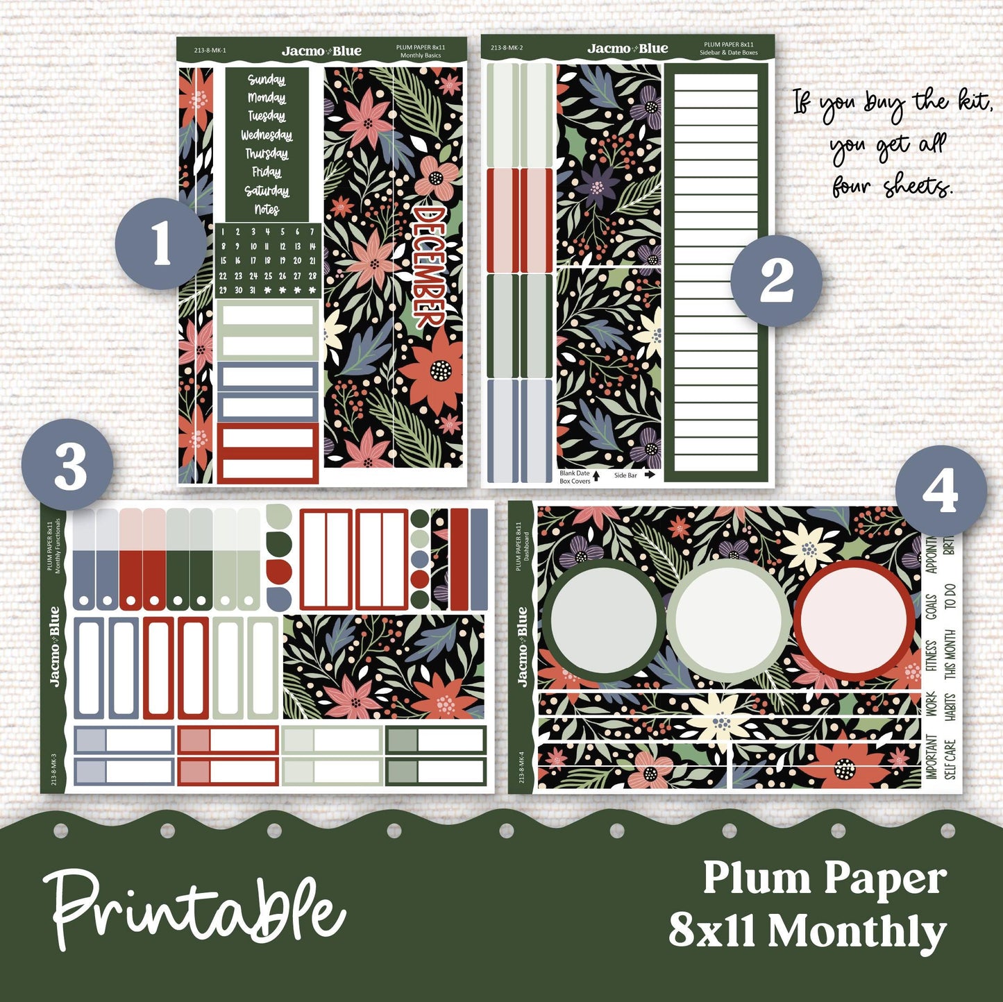 PRINTABLE December Plum Paper Planner Monthly Stickers 8x11 7x9 A5 Print and Cut - 213P