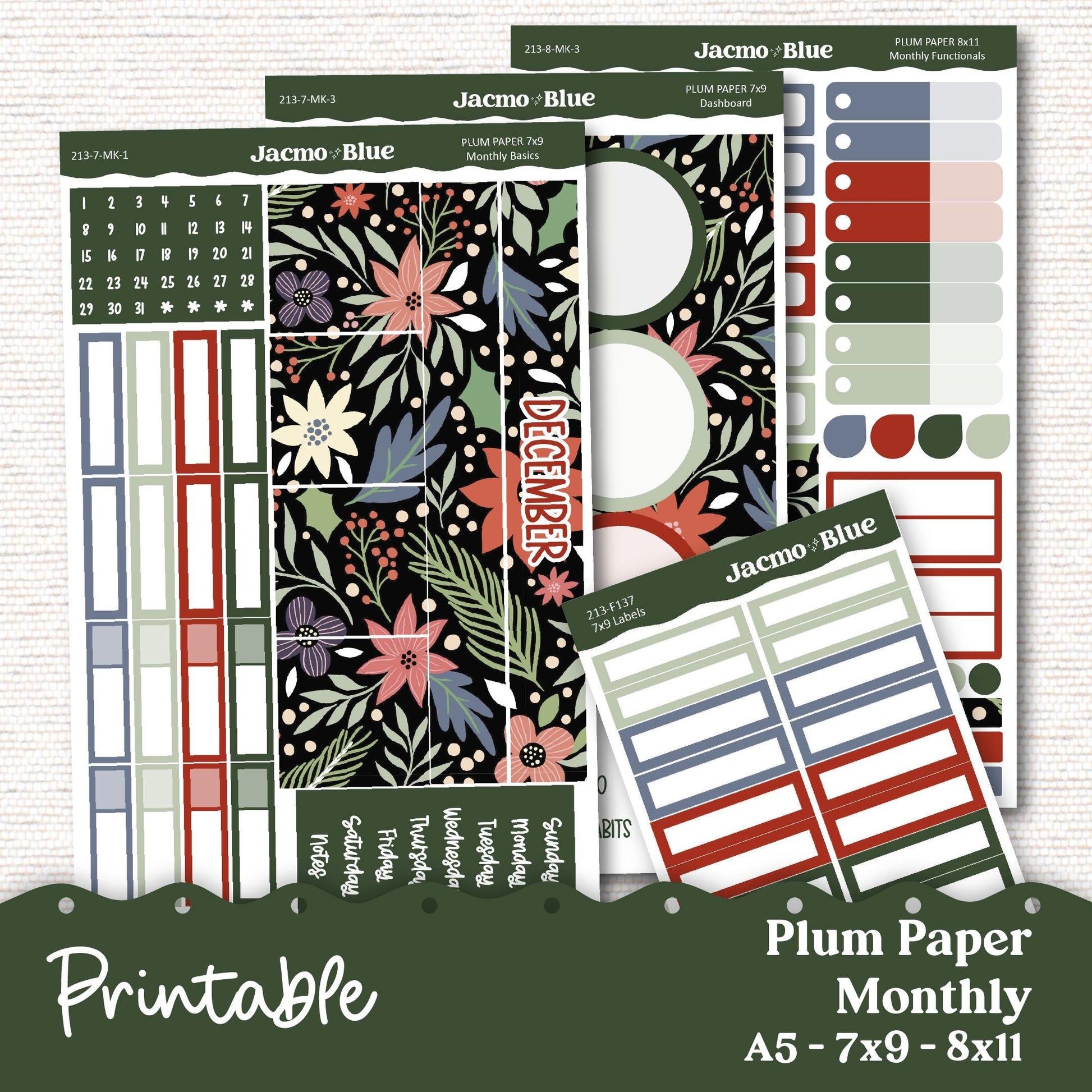 PRINTABLE December Plum Paper Planner Monthly Stickers 8x11 7x9 A5 Print and Cut - 213P