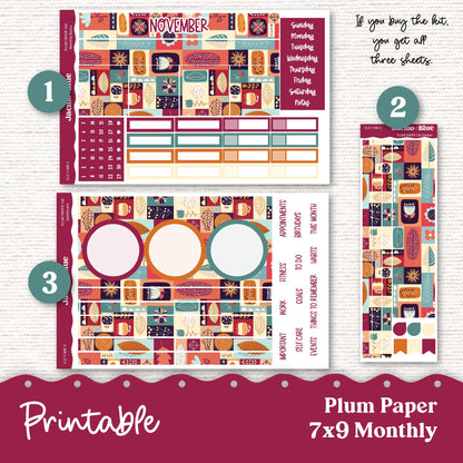 PRINTABLE November Plum Paper Planner Monthly Stickers 8x11 7x9 A5 Print and Cut - 212P