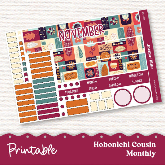 PRINTABLE November Monthly Planner Stickers for Hobonichi Cousin A5 - Print and Cut Silhouette and Cricut - 212P