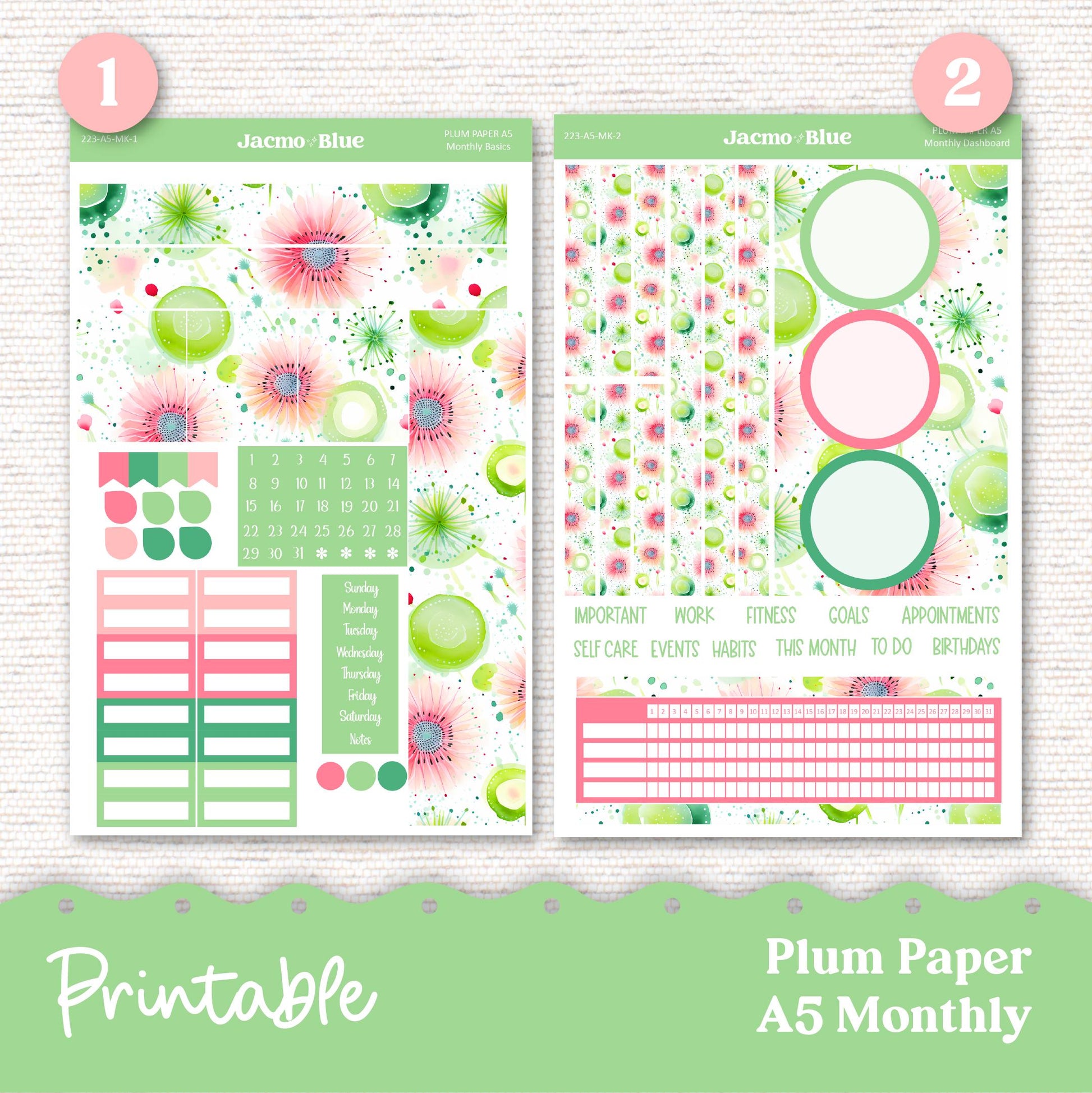 Printable Carefree Plum Paper Planner Monthly Stickers 8x11 7x9 A5 Print and Cut Download - 223P