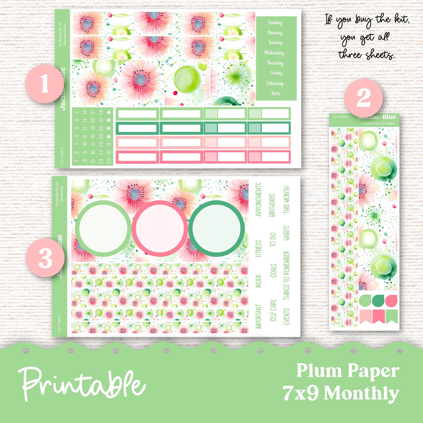 Printable Carefree Plum Paper Planner Monthly Stickers 8x11 7x9 A5 Print and Cut Download - 223P