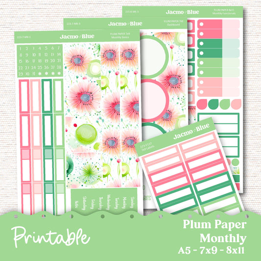 Printable Carefree Plum Paper Planner Monthly Stickers 8x11 7x9 A5 Print and Cut Download - 223P