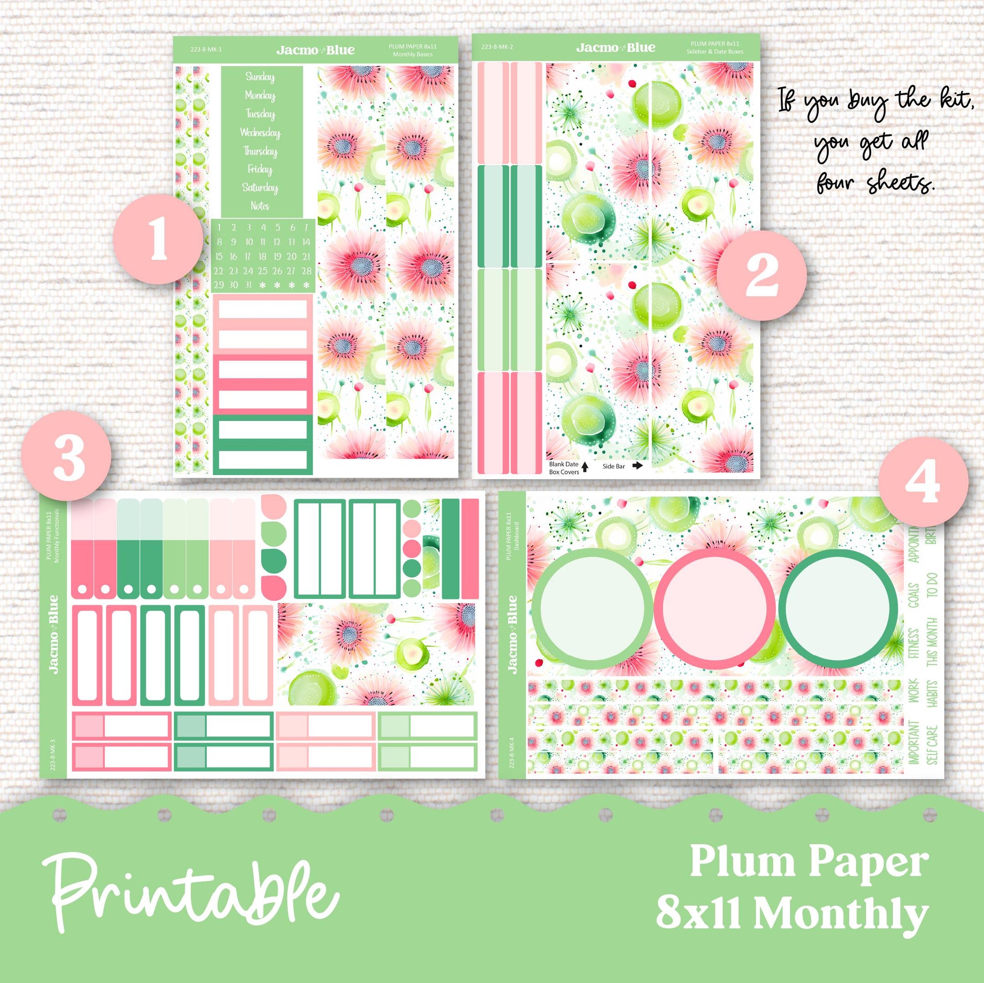 Printable Carefree Plum Paper Planner Monthly Stickers 8x11 7x9 A5 Print and Cut Download - 223P