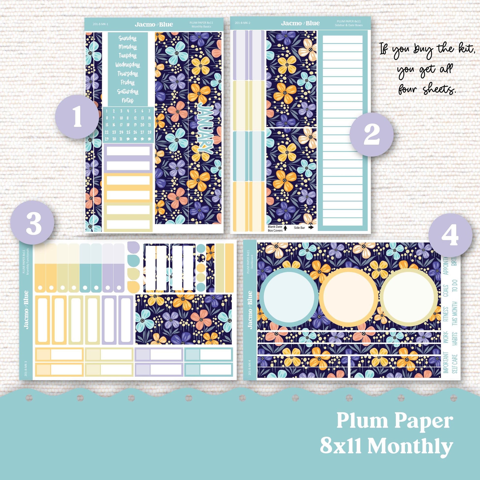 January Plum Paper Monthly Sticker Kit for 8x11 7x9 A5 Planners - Kit 201 January Planner Stickers