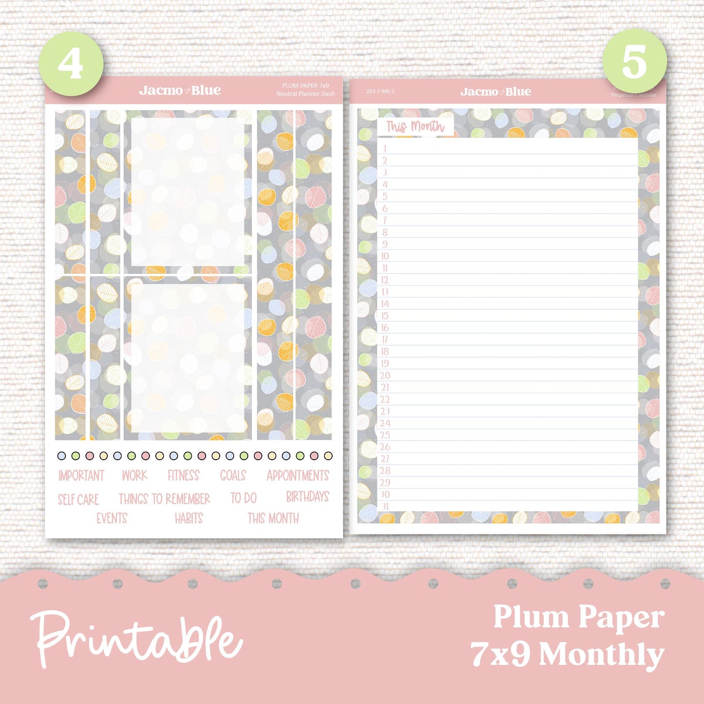 PRINTABLE Plum Paper Planner Monthly Stickers Spring 8x11 7x9 A5 Print and Cut - Kit 203 Includes Bill Due Auto Pay and Months