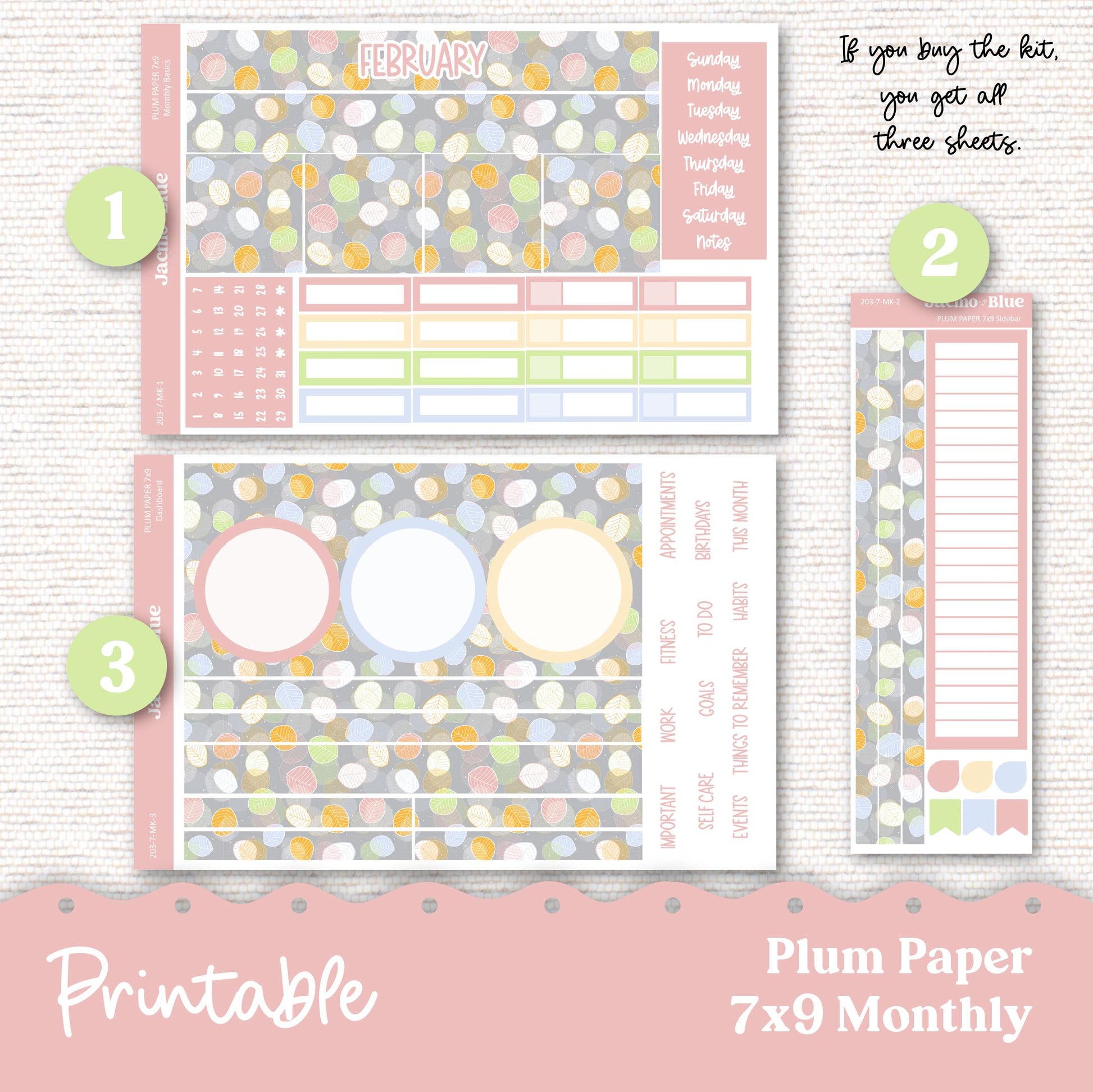 PRINTABLE Plum Paper Planner Monthly Stickers Spring 8x11 7x9 A5 Print and Cut - Kit 203 Includes Bill Due Auto Pay and Months