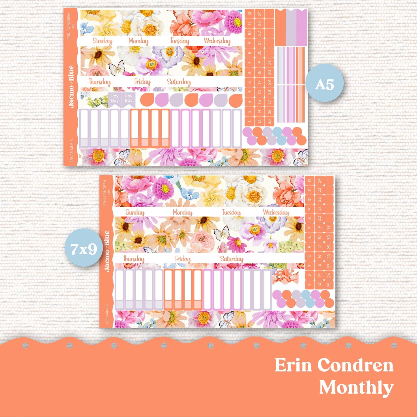 Floral 7x9 A5 Kit Monthly Planner Erin Condren Sticker Kit 227 Monthly Kit for 7x9 or A5 planners