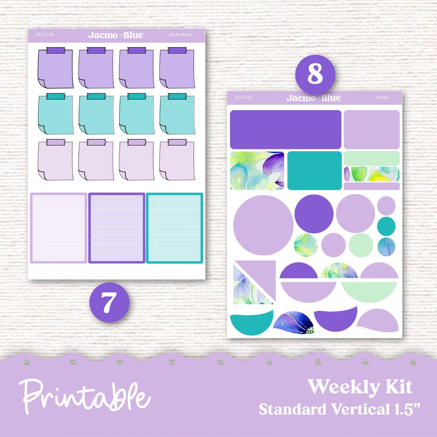 PRINTABLE Weekly Sticker Kit Vertical Planner Stickers - Silhouette Cricut Transparent PNG Files 215 Spring Floral Purple Happy Planner