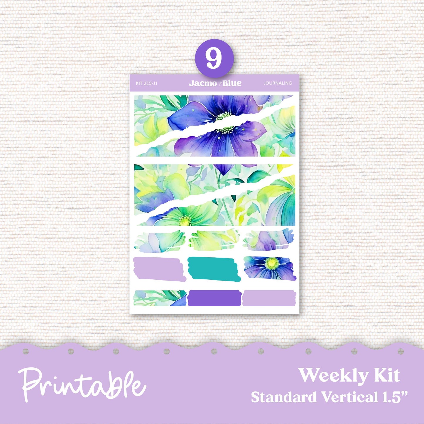 PRINTABLE Weekly Sticker Kit Vertical Planner Stickers - Silhouette Cricut Transparent PNG Files 215 Spring Floral Purple Happy Planner