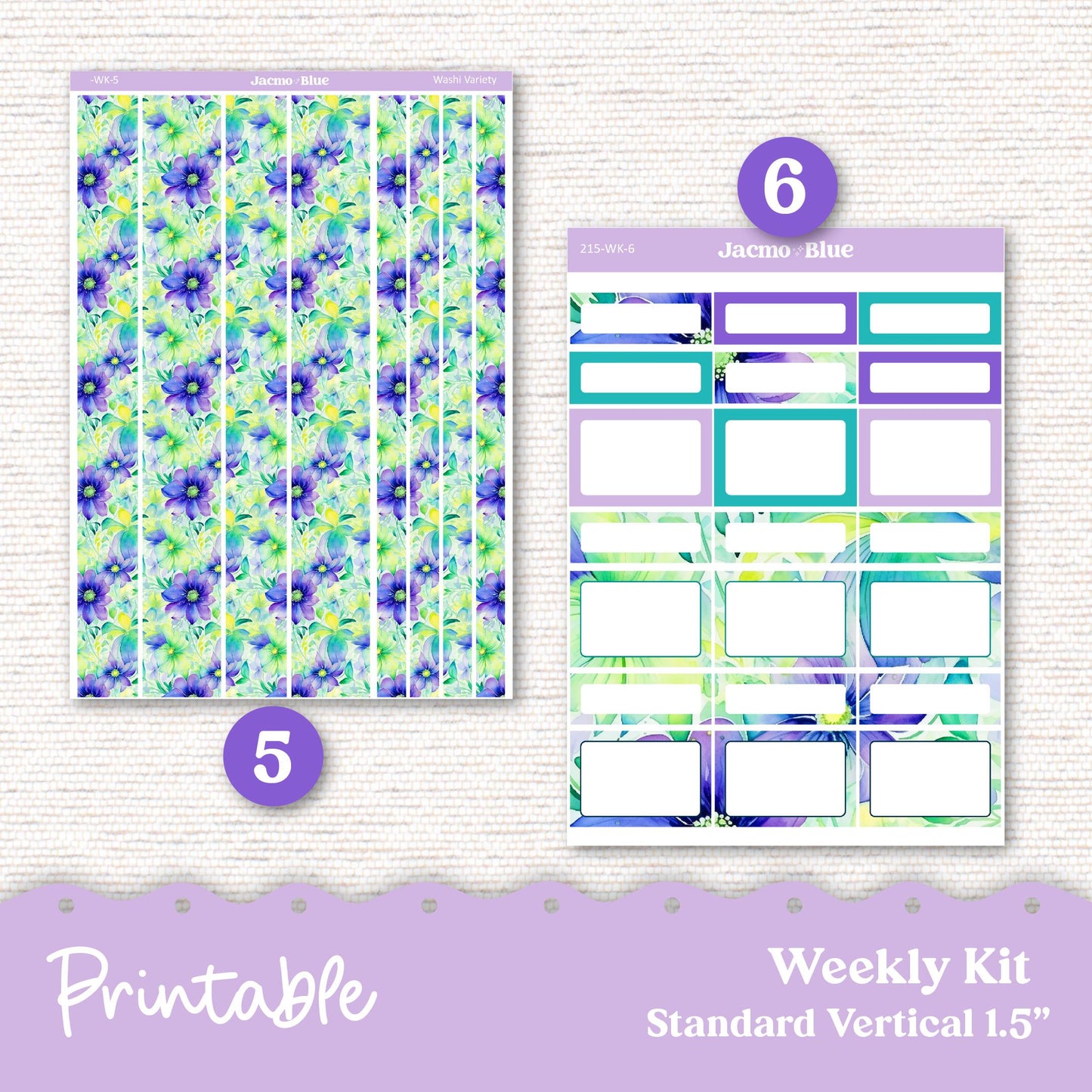 PRINTABLE Weekly Sticker Kit Vertical Planner Stickers - Silhouette Cricut Transparent PNG Files 215 Spring Floral Purple Happy Planner