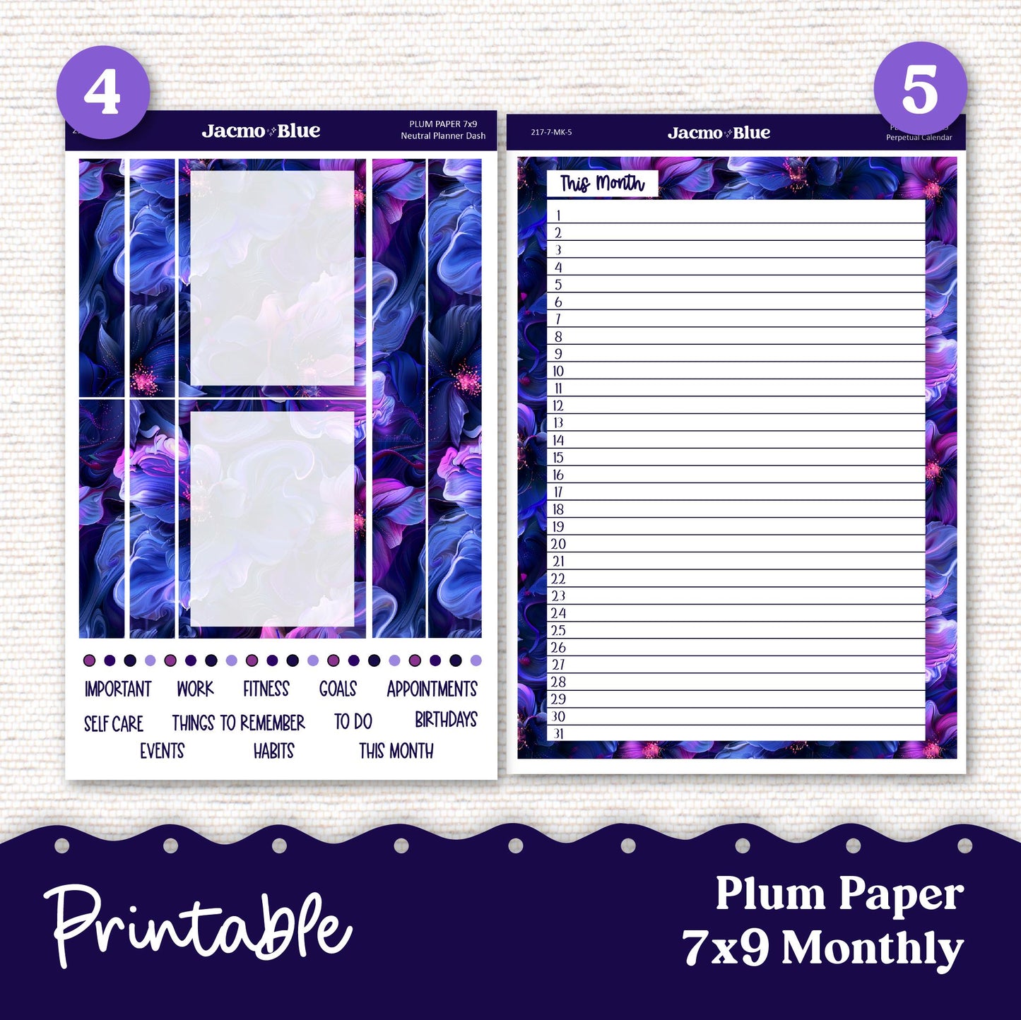 PRINTABLE Plum Paper Planner Monthly Stickers Spring 8x11 7x9 A5 Print and Cut - Kit 217 Moody Includes Bill Due Auto Pay and Months