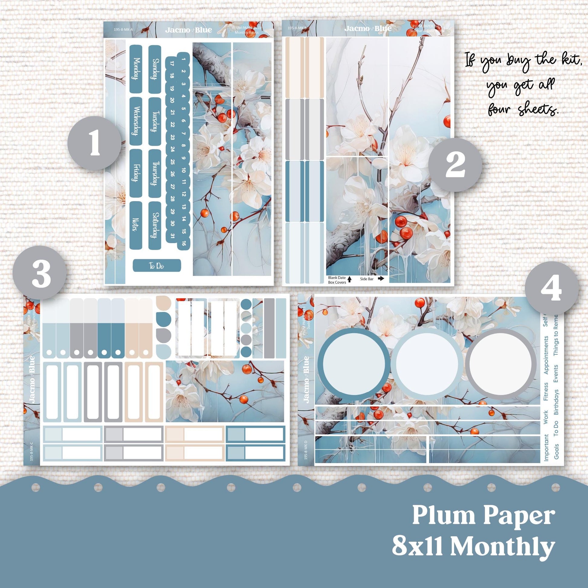 Winter Berries Plum Paper Monthly Sticker Kit for 8x11 7x9 A5 Planners - Kit 195 Planner Stickers December January February