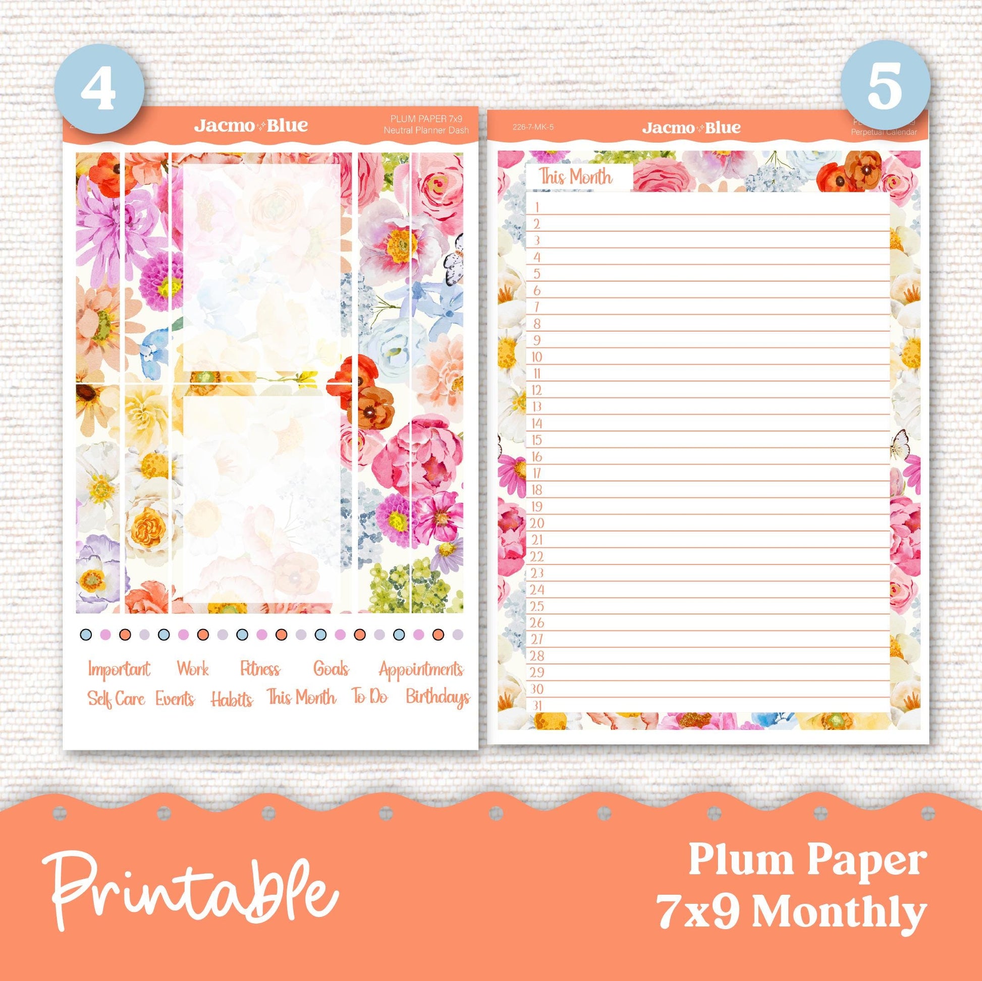 Summer Floral Plum Paper Planner Printable Monthly Stickers 8x11 7x9 A5 Print and Cut Download - 227P