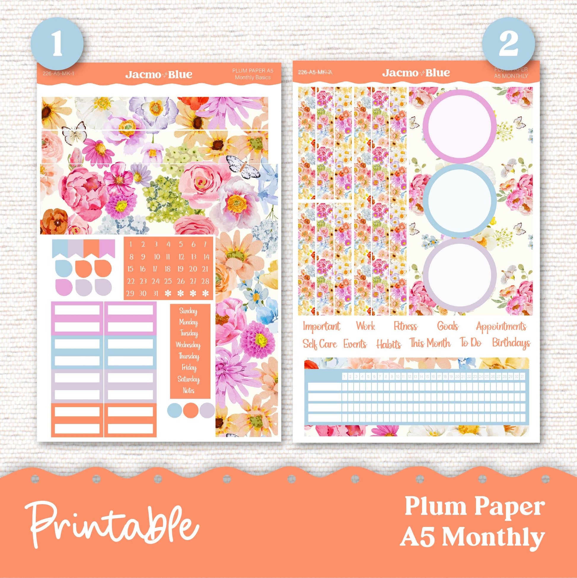 Summer Floral Plum Paper Planner Printable Monthly Stickers 8x11 7x9 A5 Print and Cut Download - 227P