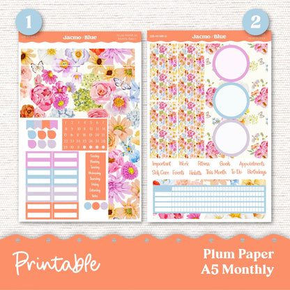 Summer Floral Plum Paper Planner Printable Monthly Stickers 8x11 7x9 A5 Print and Cut Download - 227P