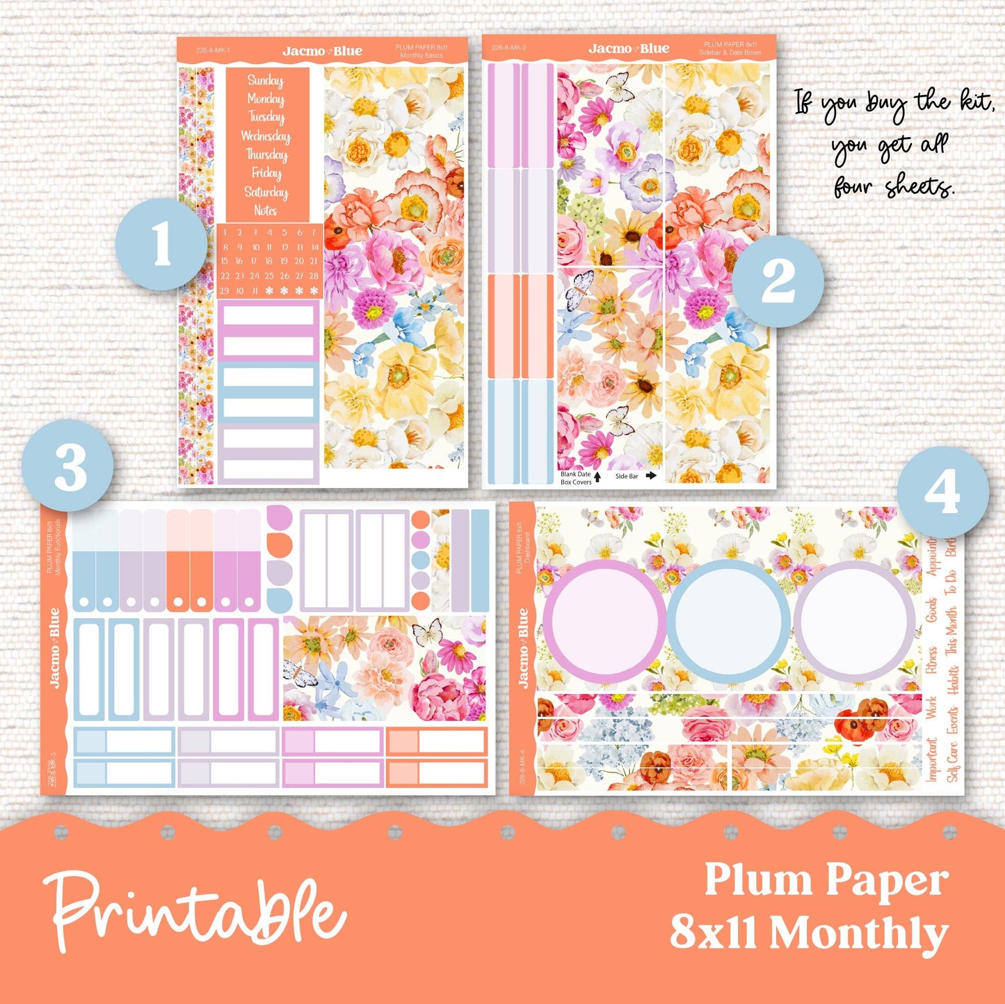 Summer Floral Plum Paper Planner Printable Monthly Stickers 8x11 7x9 A5 Print and Cut Download - 227P