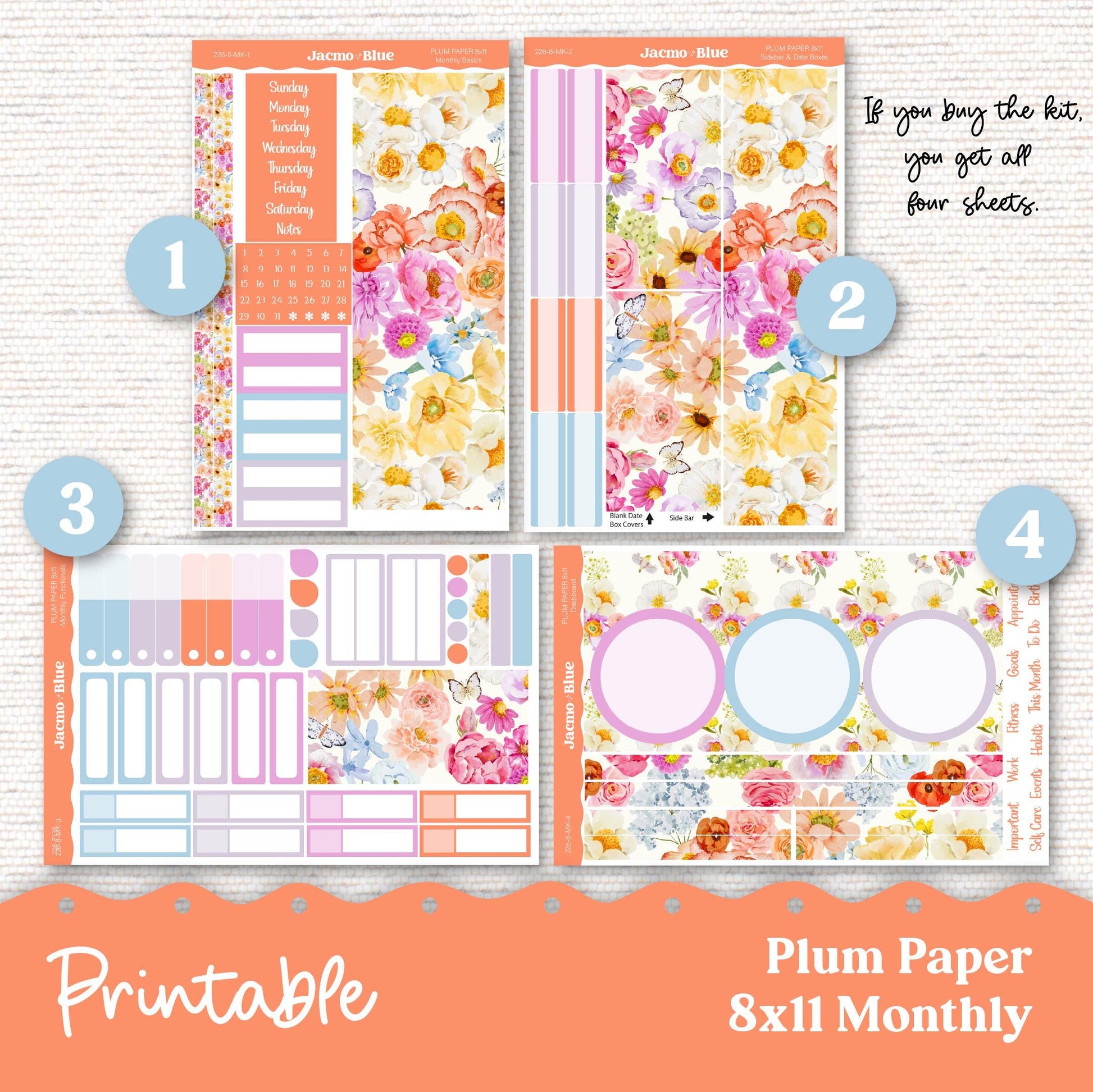 Summer Floral Plum Paper Planner Printable Monthly Stickers 8x11 7x9 A5 Print and Cut Download - 227P