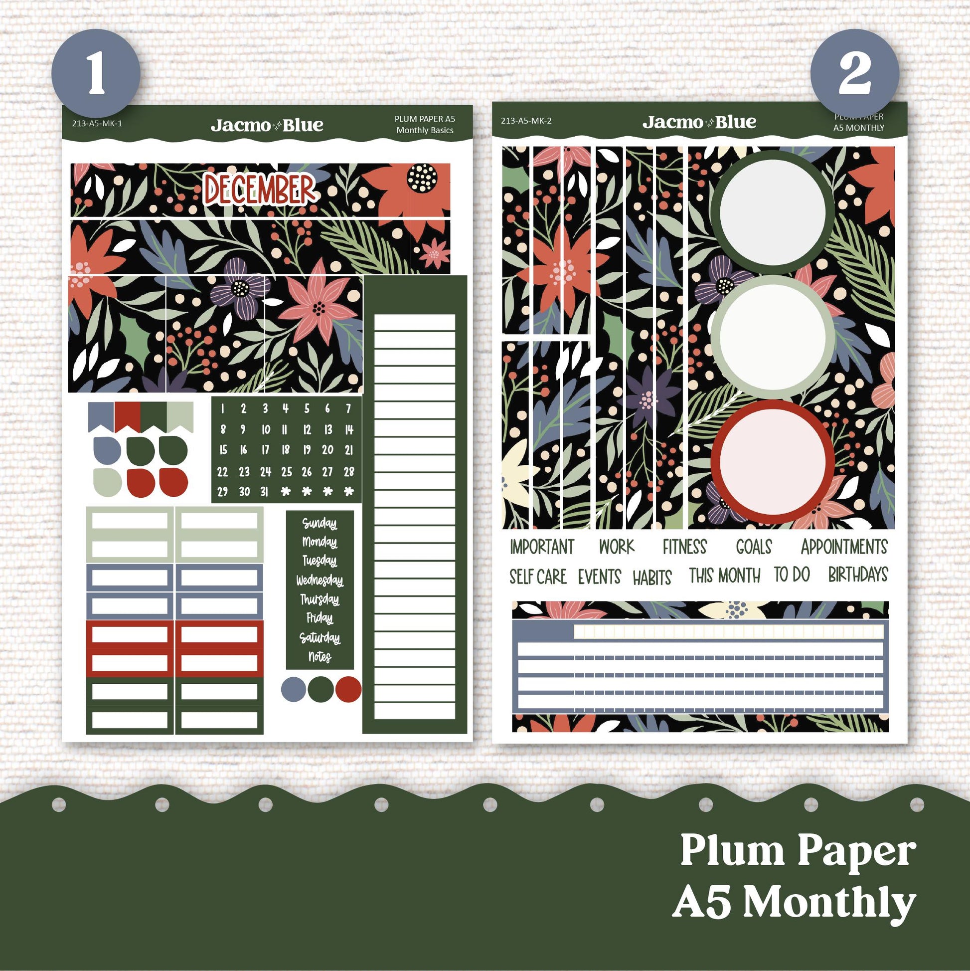 December Plum Paper Monthly Sticker Kit for 8x11 7x9 A5 Planners - Kit 213 Planner Stickers